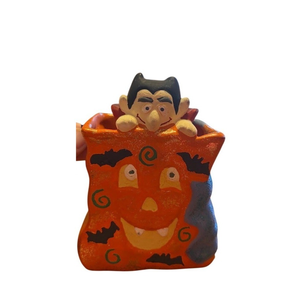 Vintage Halloween Ceramic Vampire in Pumpkin Treat Bag Figurine Decor